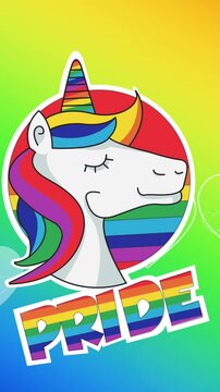 Animation of pride text, unicorn and hearts