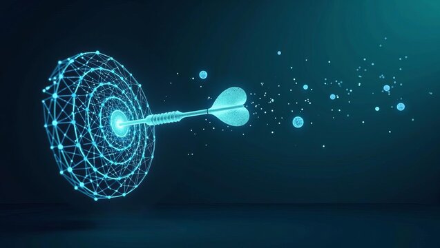 Precision and accuracy in digital goal achievement concept with glowing dart hitting target on futuristic blue background