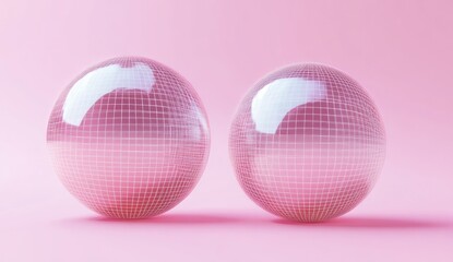 Two translucent, pink spheres with a grid pattern, set against a soft pink background.  The spheres are slightly reflective and display a gradient of color, from light to a deeper shade of pink