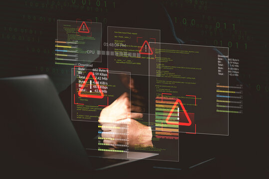 Cybersecurity threat, person behind laptop, virtual data interface, warning signs, computer virus, phishing scam, data theft, dark web, internet crime, digital danger.