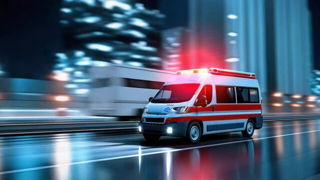 Ambulance emergency night city lights fast vehicle road urban rescue with flashing lights driving fast city street, emergency response vehicle urban environment reflecting wet road, urgent medical
