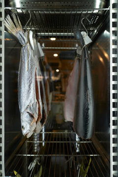Tuna hanging in a display case at a seafood market