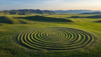 Aerial view of spiral field art in a grassy valley