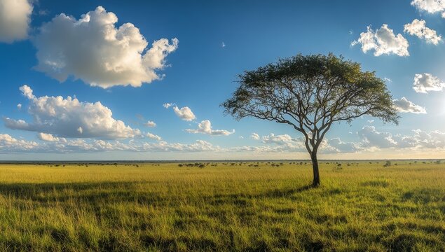 African Savanna Landscape, Single Tree, Sunny Day, Wildlife Background