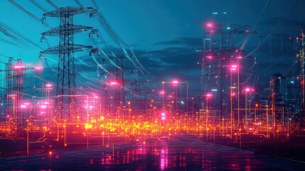 Fototapeta premium A neon cyberpunk-style power grid managing worldwide energy distribution 