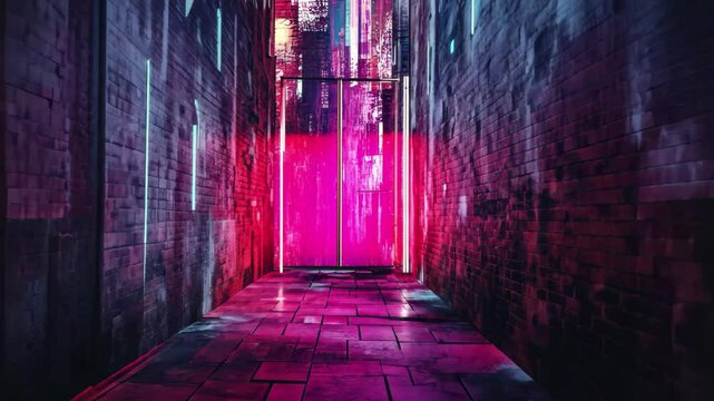 Neon lit urban corridor showcasing vibrant glitch art and colorful reflections in a city at night, Urban glitch background, neon city street doors and graffiti abstract glowing background
