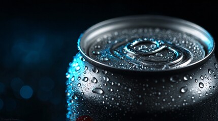 Chilled beverage can glimmers with dewy drops studio macro shot dark backdrop refreshing concept