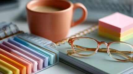 Creative workspace cozy corner with colorful stationery and office essentials