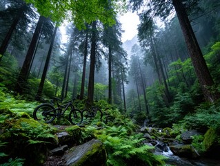 Obraz premium Lush, misty forest path with mountain bikes