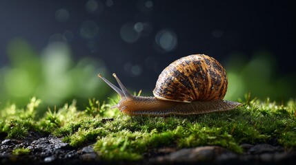 Snail moving slowly on mossy ground nature setting close-up photography macro view