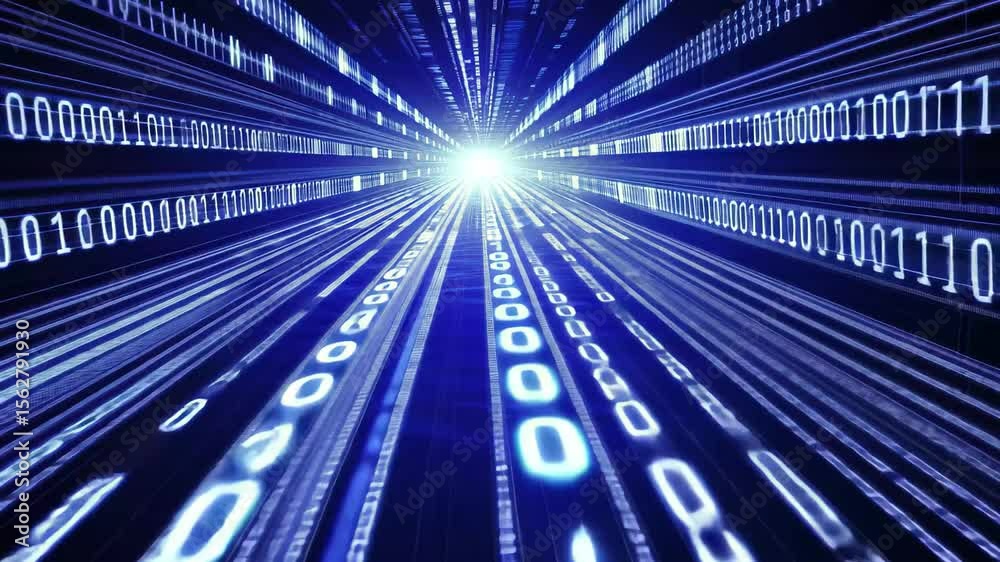 Poster Vivid blue digital binary data streaming across a computer screen in a high-tech environment, blue digital binary data on computer screen able