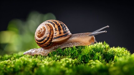 Snail movement on mossy terrain nature close-up macro photography tranquil environment
