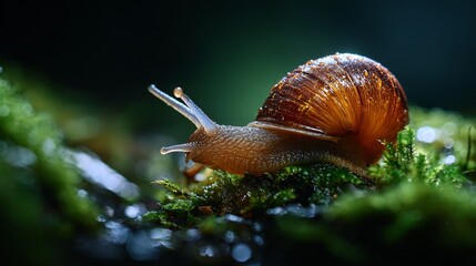 Slow motion snail adventure on lush green moss nature close-up tranquil forest scene