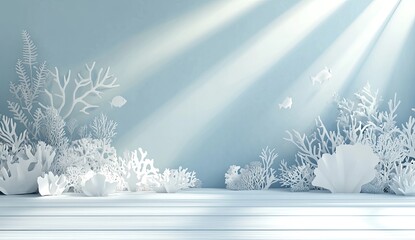 Light-filled underwater scene. White coral and marine life on a light blue background