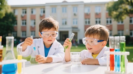 Two children in lab coats conducting a science experiment outdoors with colorful liquids and beakers.