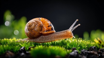 Gentle snail movement lush green moss nature photography close-up macro view serenity