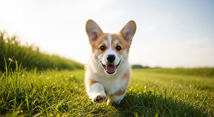 Corgi dog running in grass, playful.