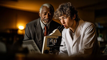 Obraz premium Medical Student Peers Through Microscope