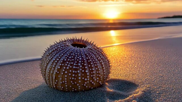 Sunset over sandy beach featuring a sea urchin shell on the shore, Sea urchin shell on sandy beach at sunset