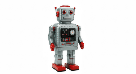 Retro Toy Robot Isolated on Transparent PNG Background – Vintage Tin Robot with Red and Silver Design