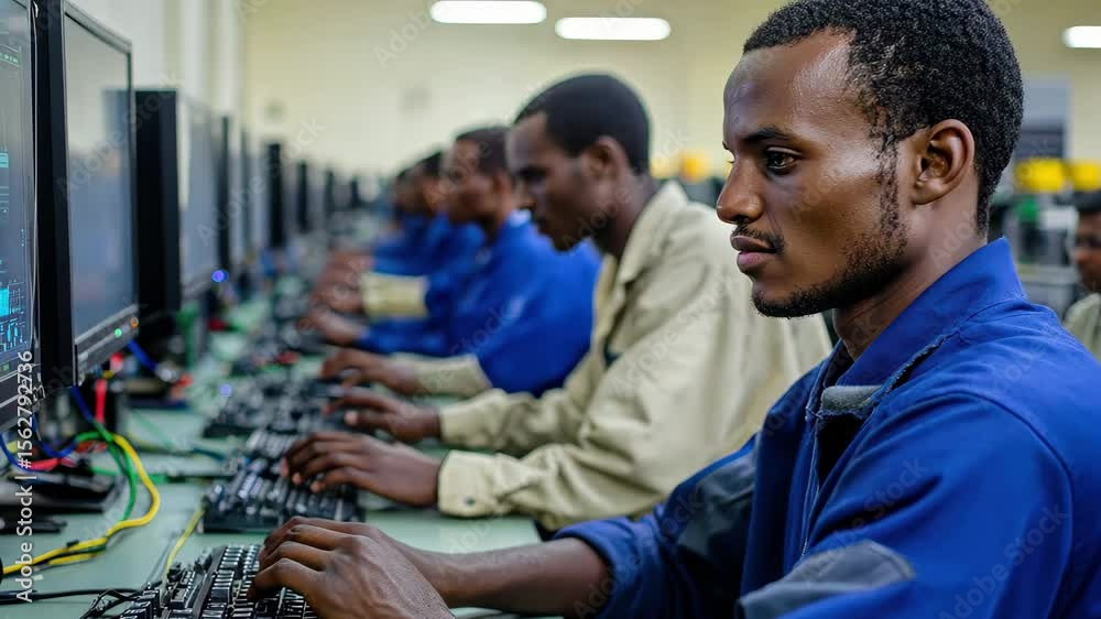 Poster Workers assemble electronics at a factory in a modern workspace during daytime hours, Team of workers in an electronics factory working on computer testing and repair