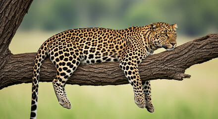 Leopard resting on tree branch.