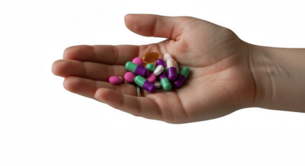 Hand Holding Assorted Pills and Capsules Isolated on Transparent PNG Background