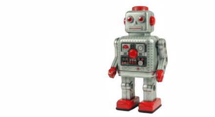 Retro Toy Robot Isolated on Transparent PNG Background – Vintage Tin Robot with Red and Silver Design