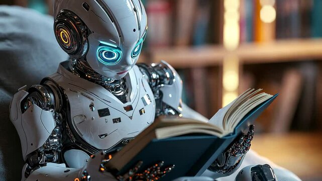 Robot child engaged in reading a book in a cozy indoor setting during the evening, Robot child reading a book, Robot education a book