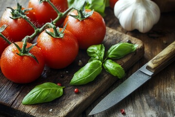 Fresh tomatoes, basil, and garlic on a rustic wooden board, ready for cooking