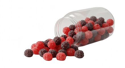 Red and Purple Berry-Shaped Gummy Candies Spilling from a Bottle, Isolated on Transparent PNG Background, gummy candies, gummies, candy, sweets, confectionery, berries, sugary, sweet treat, snack, des