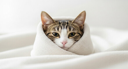 Kitten wrapped in blanket, adorable.