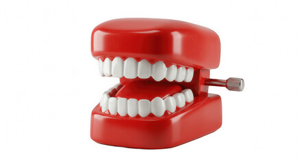 Wind-up chattering teeth toy with red case, isolated on transparent PNG background