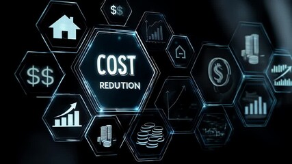 Finger Touching Hologram Displaying Cost Reduction with Finance and Business Icons on Dark Background - Powered by Adobe