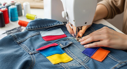 Hands sewing patches onto denim.