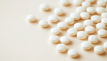 Light beige background with many small, round, white pills