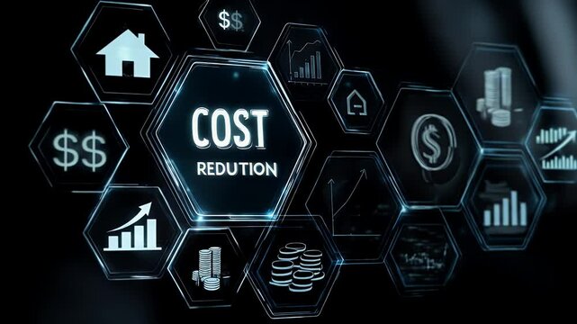 Finger Touching Hologram Displaying Cost Reduction with Finance and Business Icons on Dark Background