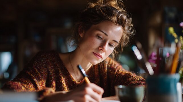 Creative writing session by a woman in a cozy home office artistic environment intimate viewpoint