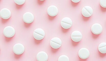 White pills arranged on a pink background