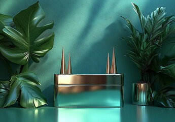 Metallic Spiked Planter Surrounded by Lush Greenery on Teal Backdrop

