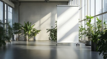 Modern industrial space with blank roll-up banner