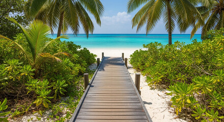 Obraz premium Wooden walkway to tropical beach.
