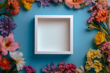 Obraz premium A white picture frame surrounded by colorful flowers on a blue background, creating an enchanting and vibrant floral backdrop 