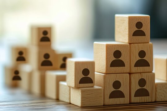 Wooden blocks stacked in a stair-step pattern, each block featuring a small person icon.  The blocks represent a hierarchy or progression.  Soft focus background