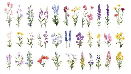 Colorful floral illustrations, various wildflowers in pastel hues, displayed in rows