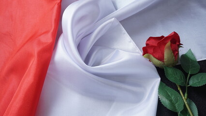 Crumpled red and white Indonesian flag with a rose