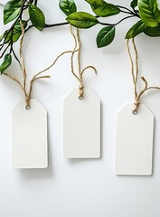 Three blank white price tags hang from jute twine, nestled amongst sprigs of fresh green leaves on a white background