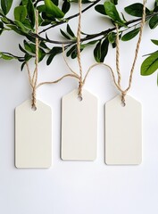 Three blank, cream-colored tags hang from a sprig of greenery