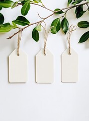 Three blank price tags hang from a sprig of greenery