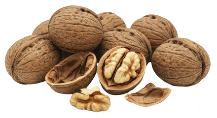 Whole and Shelled Walnuts Isolated on Transparent PNG Background